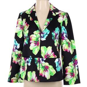 Lafayette 148 New York Black & Green Watercolor Floral Blazer Jacket Size 4 S